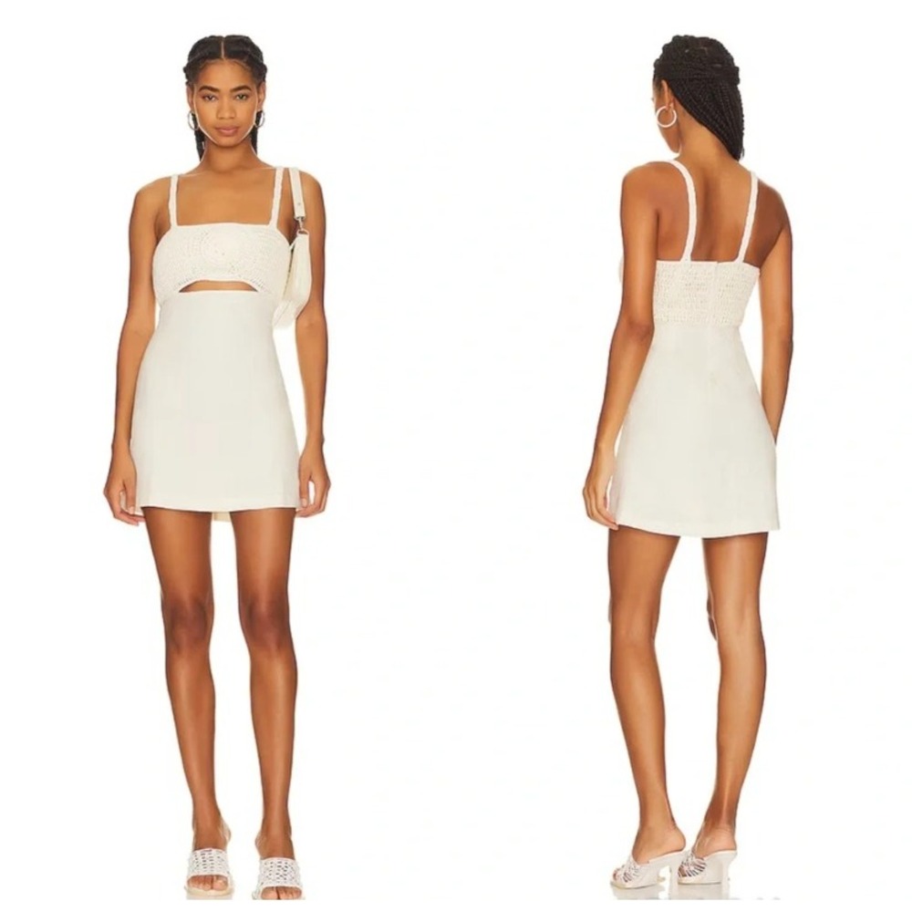 L'Academie Lea Dress Linen Crochet Cutout Mini Dress Smock Back Cream White M
